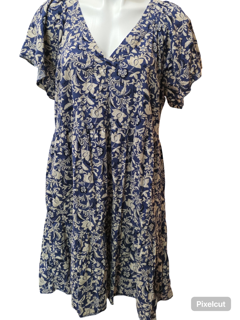 Old Navy Rayon Blue and Cream Floral V-Neck Tiered Dress